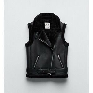 NWOT ZARA Biker Moto Double Faced Jacket‎ Faux Leather Shearling Lined Black XS